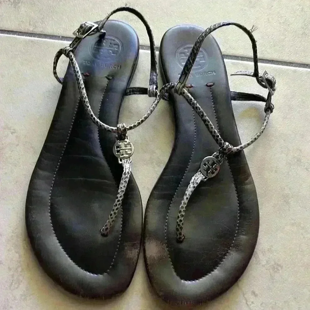 Tory Burch, black animal, print T-strap sandals 8